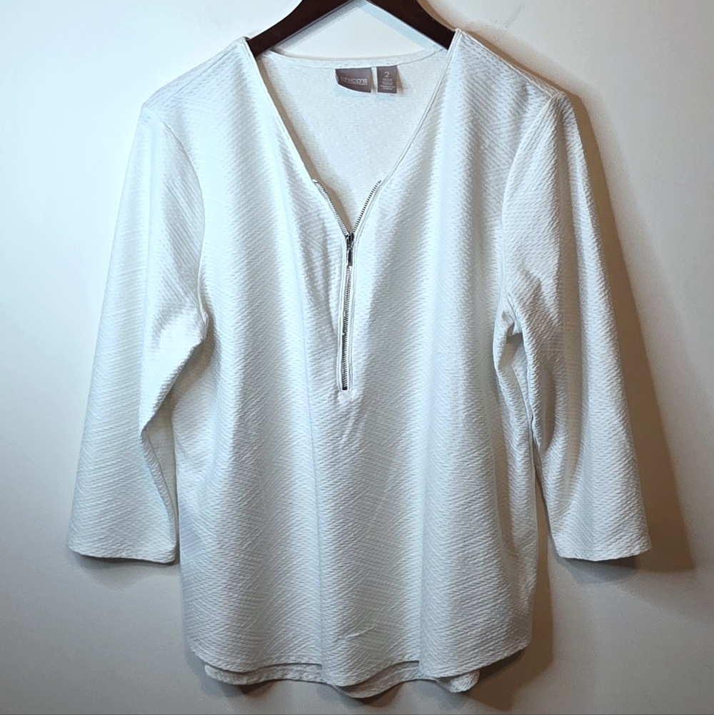 Chico's White Textured 3/4 Sleeve Zip Front V-Neck Top Coastal Size 2 Large